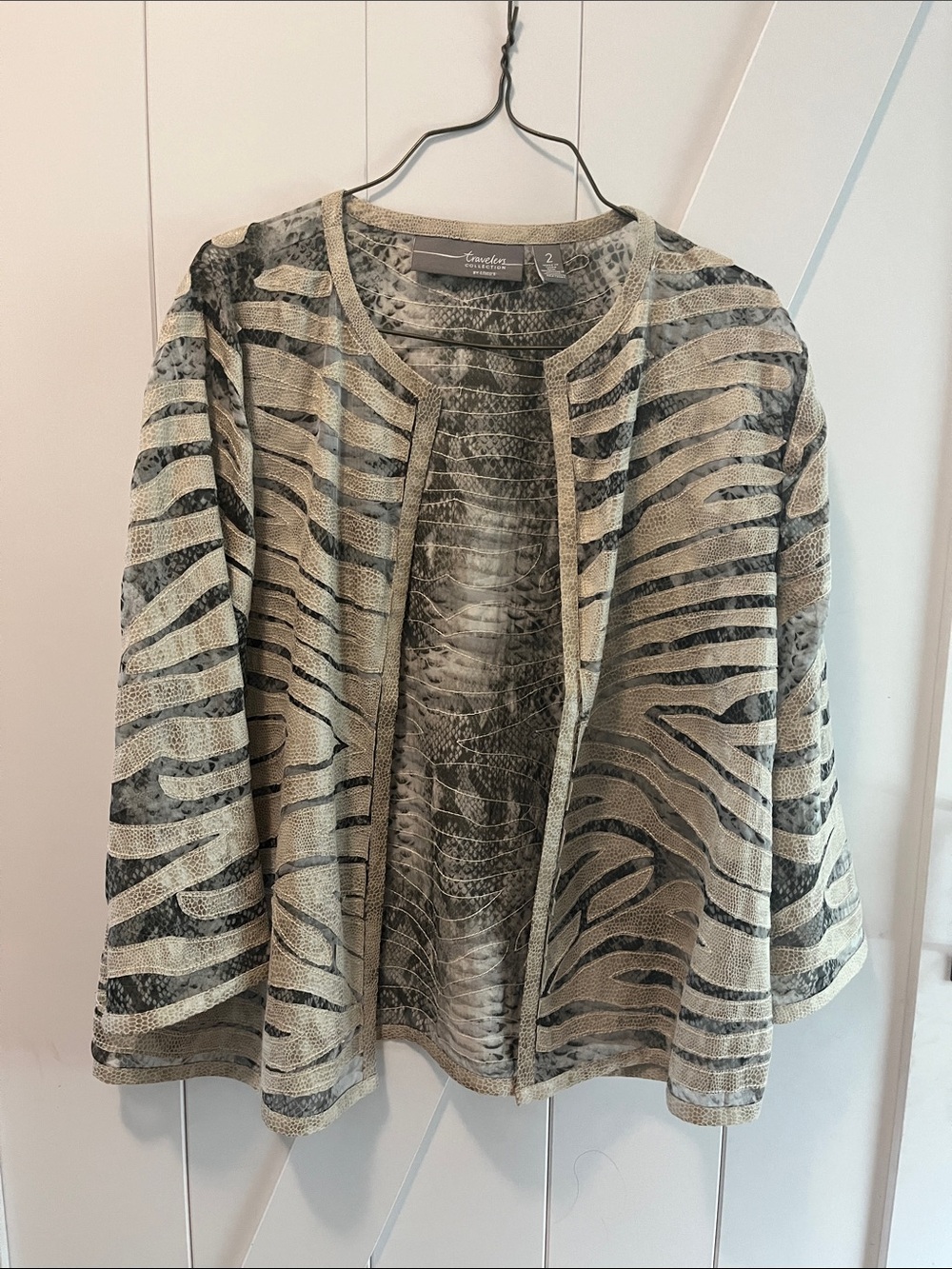 Chico's Taupe and Black Animal-Print Open Cardigan